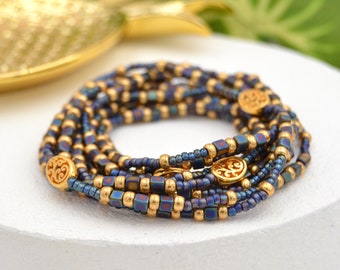 Langes Elastischen Perlen Wickelarmband "Bohemian Blue" - Dunkelblau und Gold Perlenarmband und Kette in einem Stück