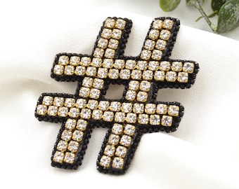 Rhinestone brooch "Hashtag" - statement piece hand-embroidered from pearls and rhinestones