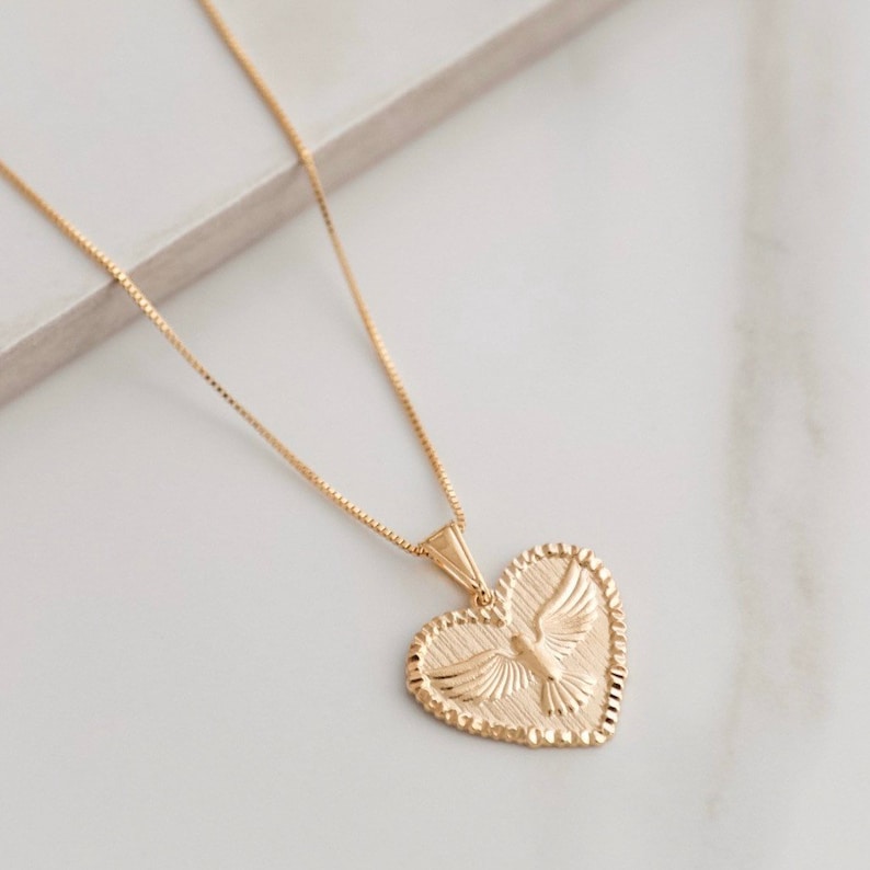 Heart Pendant Dove Spirit Necklace 18K gold filled Saint Necklace Religious Coin Necklace Holy Spirit Necklace 18kt Gold Filled Gold