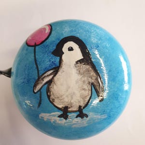 large bicycle bell: penguin with balloon, hand-painted, 8 cm diameter