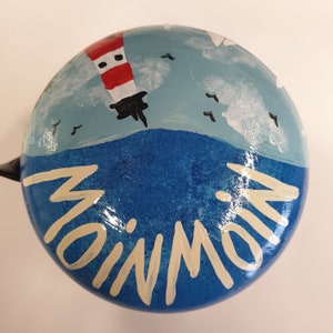 large bicycle bell: lighthouse and MoinMoin, hand-painted, 8 cm diameter