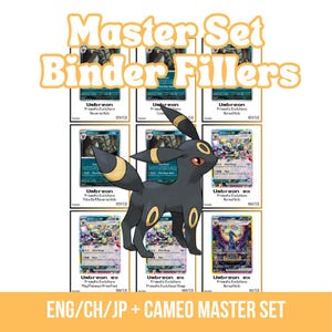 Può includere: Collezione di carte Pokémon Umbreon, con il personaggio nero e giallo. L'immagine mostra vari tipi di carte, tra cui ologrammi inversi e carte ex. Il testo include "Master Set Binder Fillers" e "Prismatic Evolutions".