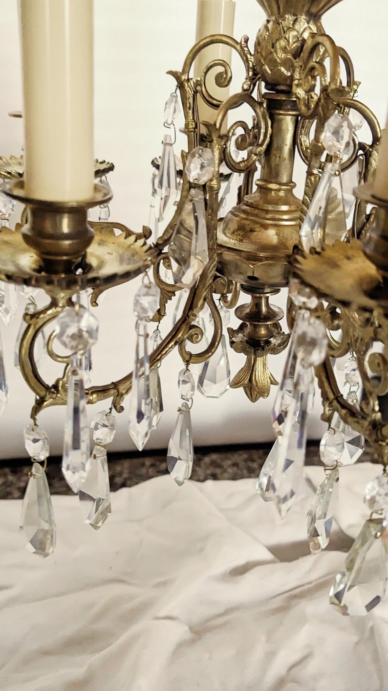 1 pair of rare antique chandeliers, rod shape, bronze, rare crystal, restored C71 image 10