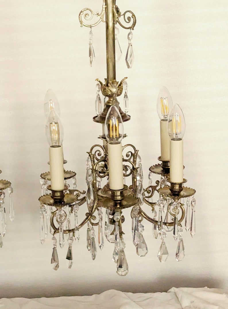 1 pair of rare antique chandeliers, rod shape, bronze, rare crystal, restored C71 image 2