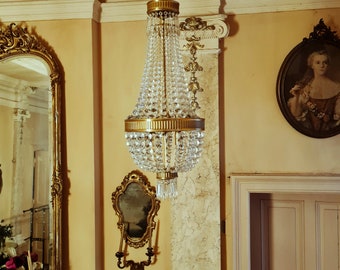 antique chandelier Sac a perl, bronze crystal, restored