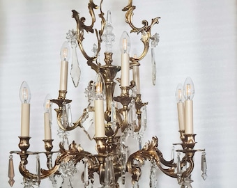 magnificent antique chandelier, basket shape, bronze, very rare crystal, restored C59