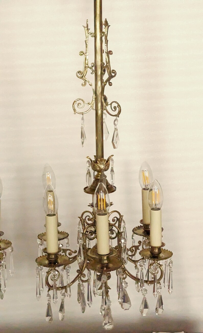 1 pair of rare antique chandeliers, rod shape, bronze, rare crystal, restored C71 image 3