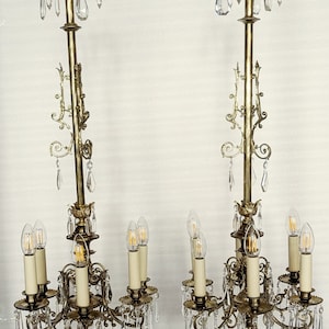 1 pair of rare antique chandeliers, rod shape, bronze, rare crystal, restored C71 image 4