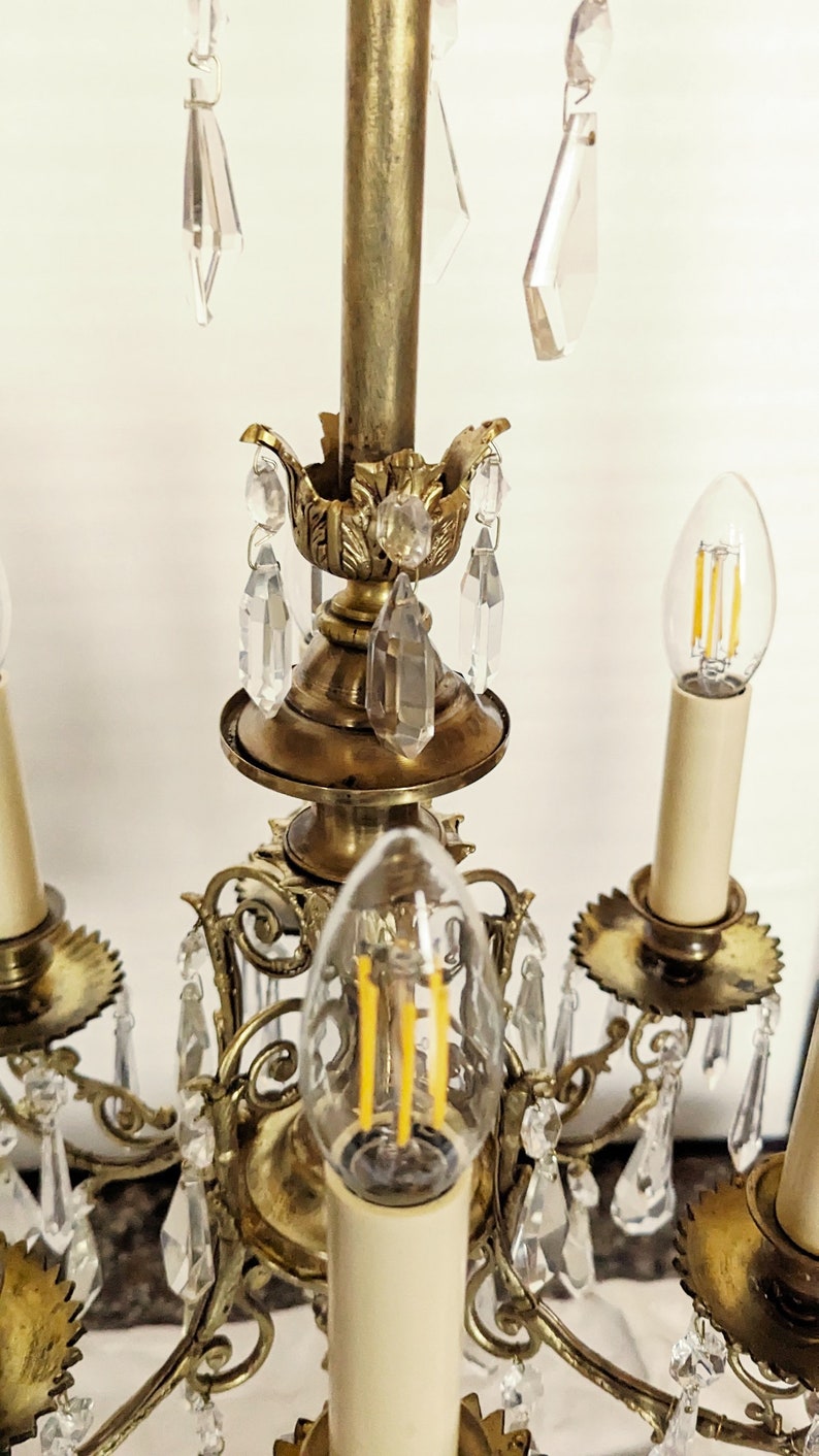 1 pair of rare antique chandeliers, rod shape, bronze, rare crystal, restored C71 image 7