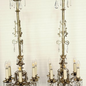 1 pair of rare antique chandeliers, rod shape, bronze, rare crystal, restored C71 image 1