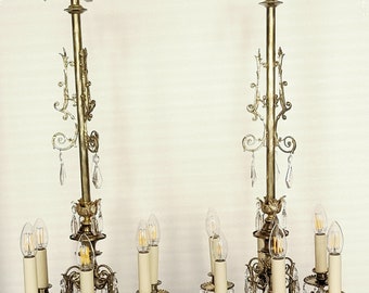 1 pair of rare antique chandeliers, rod shape, bronze, rare crystal, restored C71