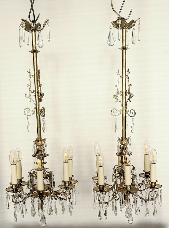 Pair of Bronze & Crystal Drop Chandeliers Pair of Bronze & Crystal Drop Chandeliers