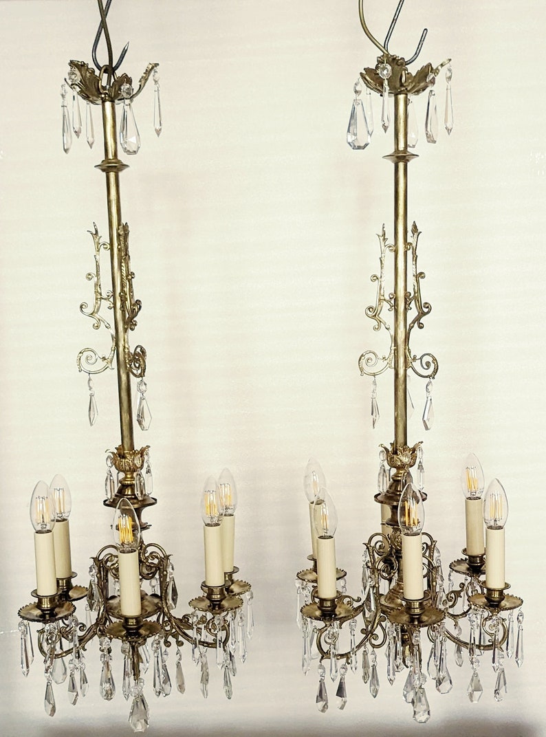 1 pair of rare antique chandeliers, rod shape, bronze, rare crystal, restored C71 image 1