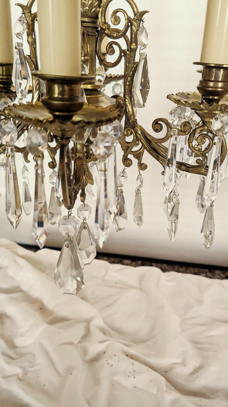 1 pair of rare antique chandeliers, rod shape, bronze, rare crystal, restored C71 image 9
