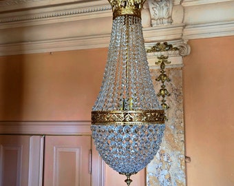 antique chandelier Sac a perl, bronze crystal, restored C66