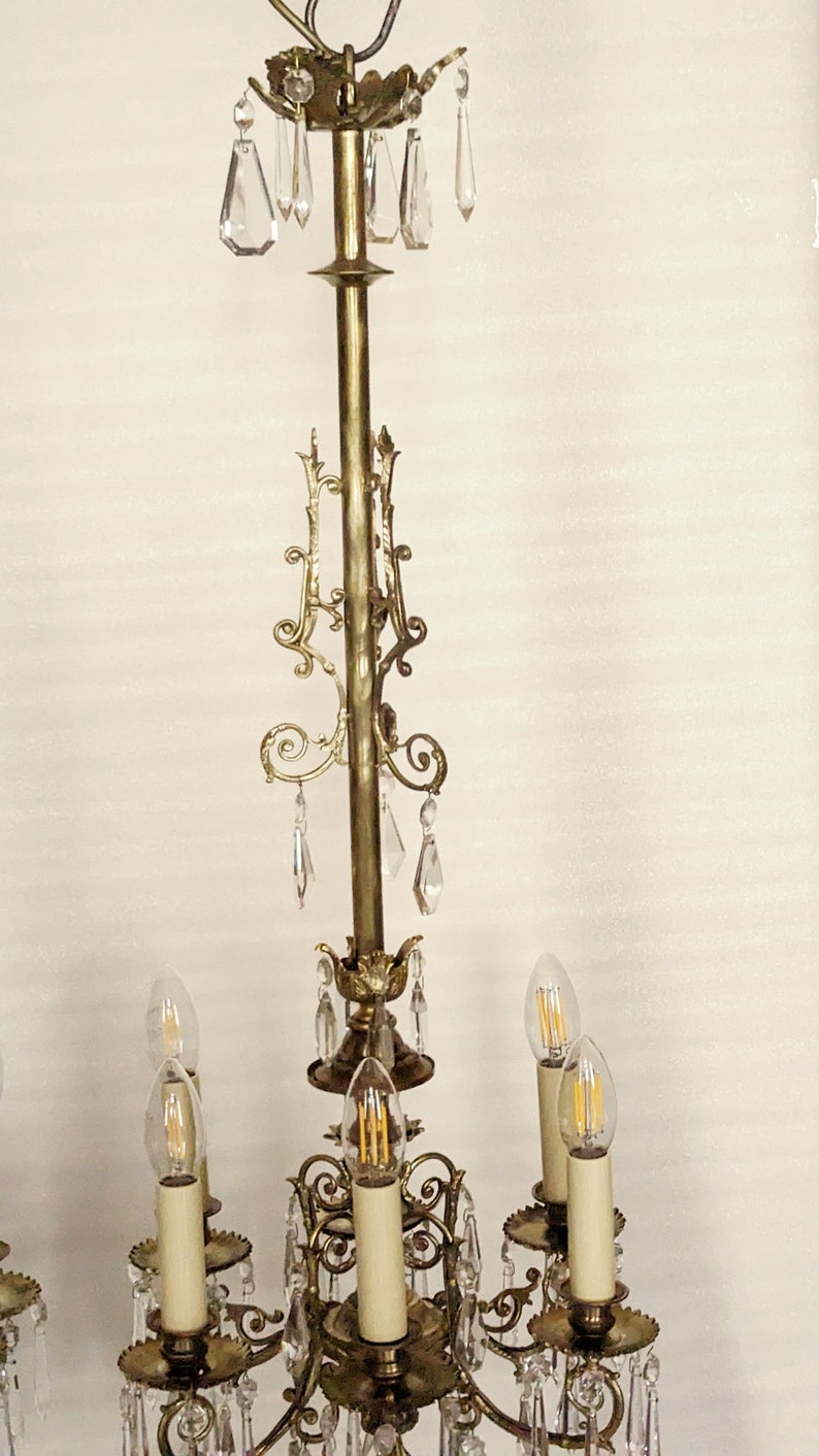 1 pair of rare antique chandeliers, rod shape, bronze, rare crystal, restored C71 image 6