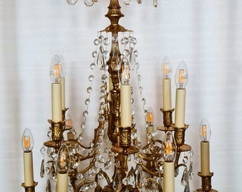 magnificent antique chandelier, rod shape, bronze, very rare crystal, restored C60