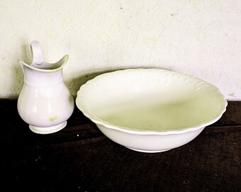 Vintage French wash bowl with jug, white, ceramic