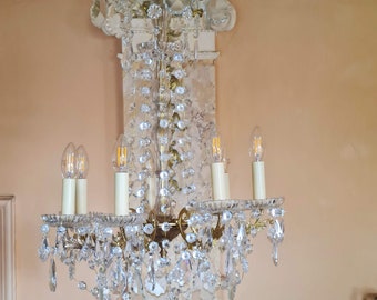 magnificent antique chandelier, rod shape, bronze, very rare crystal, restored C62