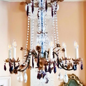 floral antique chandelier, rod shape, bronze, very rare crystal, restored C44