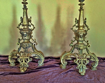 antique baroque andirons, fire insert, bronze,