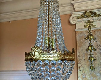 antique chandelier Sac a perl, bronze crystal, restored C67