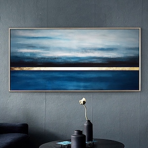 blue and white abstract canvas-painting on canvas original-large contemporary art-gold leaf painting-above bed art-blue painting gold