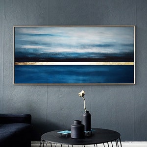 Peinture abstraite paysage-peinture abstraite bleu et or-art mural salon-peinture abstraite sur toile-art mural or-art bleu moderne