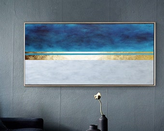 Blue and gold abstract painting-white and gold wall art-original painting-Acrylic abstract painting-minimalist wall art-modern art
