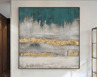 green and gold abstract painting-modern gold painting-gray and gold abstract-Hand Painted Textured Abstract Art-living room gold art