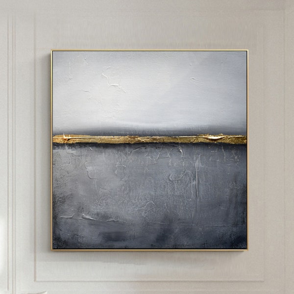 Peinture abstraite-toile dorée-toile grise-peinture originale-art minimalisme-art mural doré-toile abstraite-toile texturée