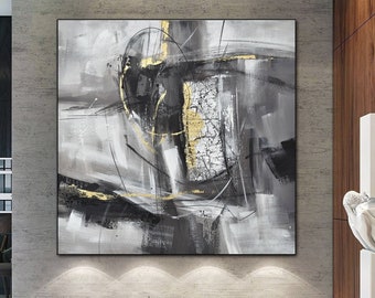 large gray abstract-gray and gold abstract painting-canvas art abstract-handpainted modern art-modern living room art-gray canvas art