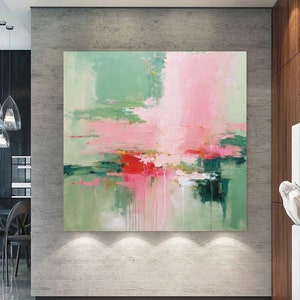 Green and Pink Abstract Art-Sage Green Wall Art-Expressionist Canvas Art-Large Canvas Art-Pink Abstract Art-Colorful Wall Art