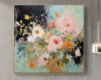 Abstract Flower Painting on Canvas-Boho Wall Decor Living Room -Abstract Floral Art-floral wall art-Gifts for Mom-Gifts for Wife