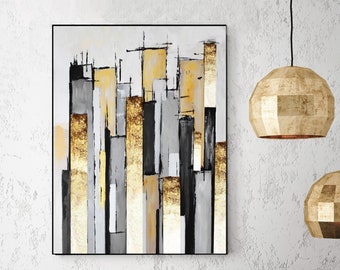 Gray and gold wall art-abstract city painting-cityscape painting-gold abstract art-modern original art-minimal abstract-gold leaf painting