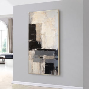 Black and white wall art for hallway-modern minimalist abstract art vertical-gray large abstract art vertical-tall narrow wall art-long art