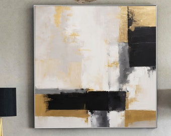 Black White Gold Art- large minimalist abstract painting-abstract canvas art-white andgold painting-white and black abstract art