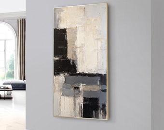 Black and white wall art for hallway-modern minimalist abstract art vertical-gray large abstract art vertical-tall narrow wall art-long art