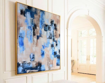 Large abstract painting-blue and beige oil painting-living room wall art-original abstract art-canvas abstract painting -modern blue art