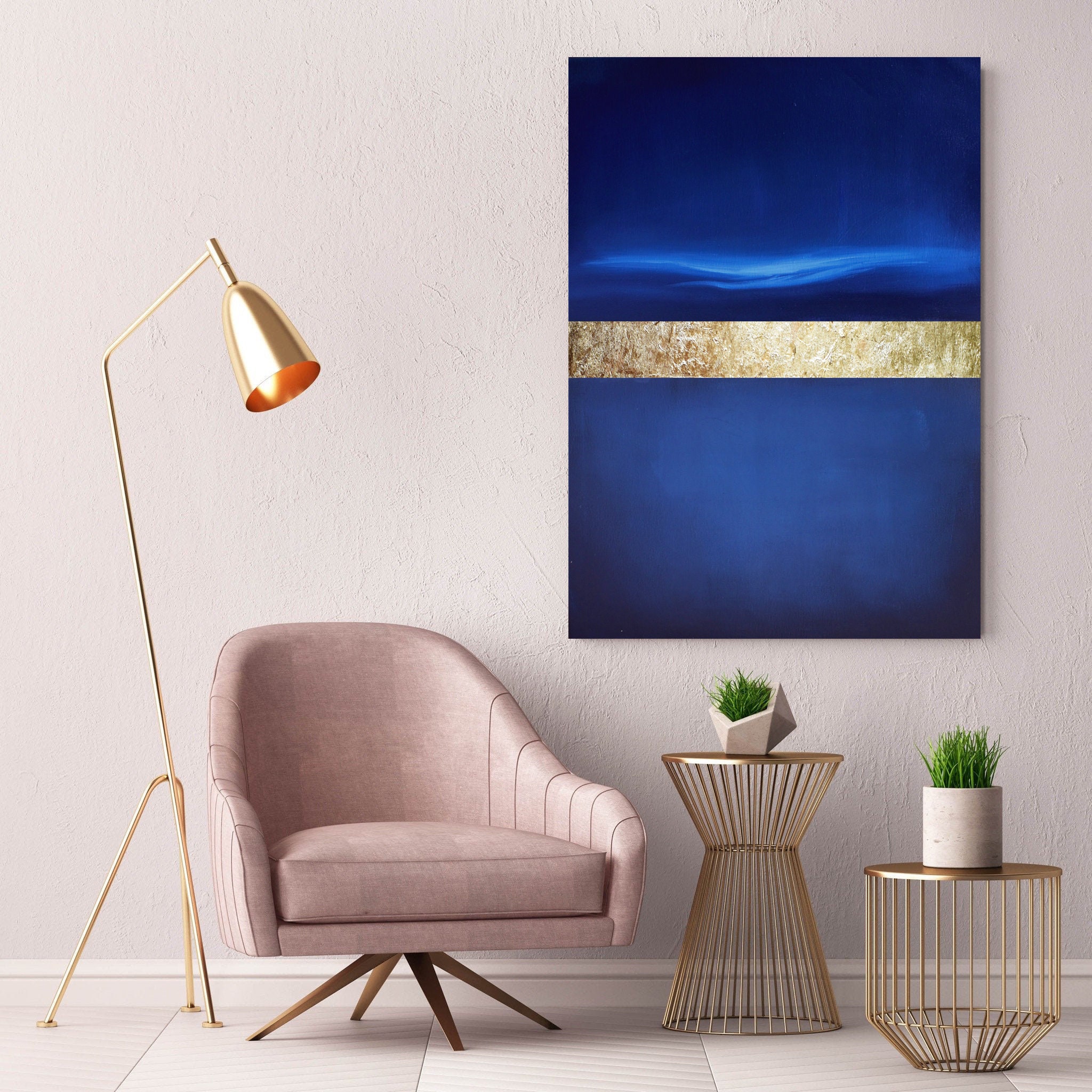 Blue Minimalist Abstractgold Wall Artwall Art Canvasmodern Art