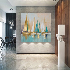 Gold sailing boat painting-Abstract Sailboats Painting on Canvas-Gift for Housewarming Golden Sailboats-original painting Nautical Art image 2