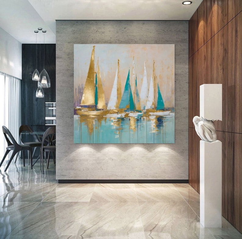 Gold sailing boat painting-Abstract Sailboats Painting on Canvas-Gift for Housewarming Golden Sailboats-original painting Nautical Art image 2