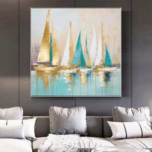 Gold sailing boat painting-Abstract Sailboats Painting on Canvas-Gift for Housewarming Golden Sailboats-original painting Nautical Art image 8