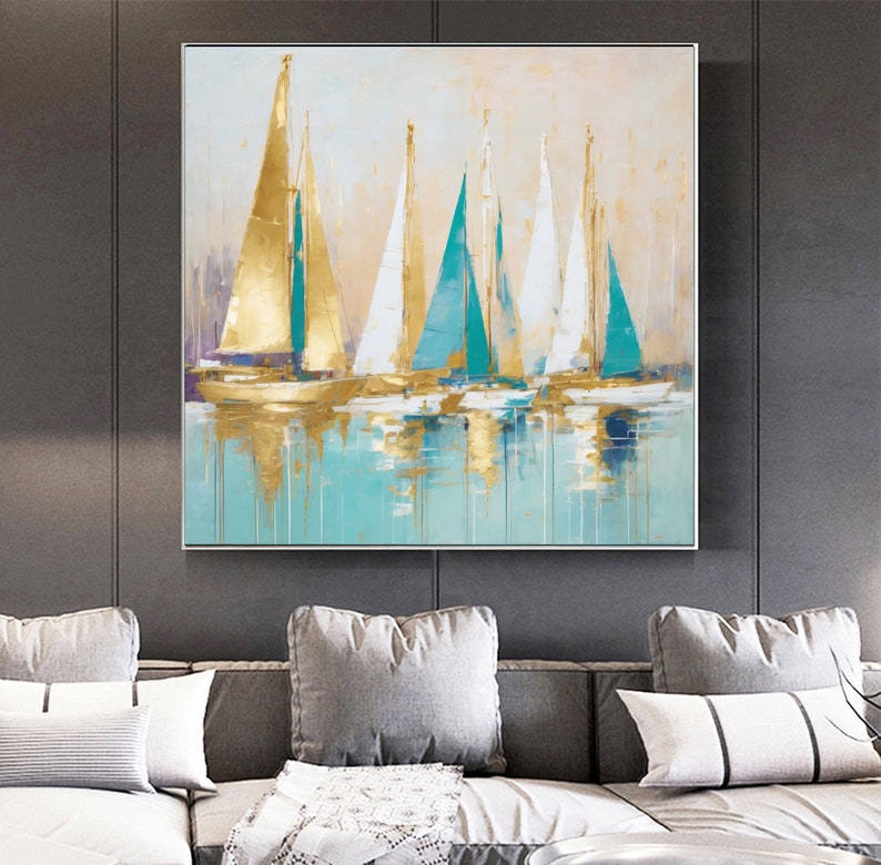 Gold sailing boat painting-Abstract Sailboats Painting on Canvas-Gift for Housewarming Golden Sailboats-original painting Nautical Art image 8