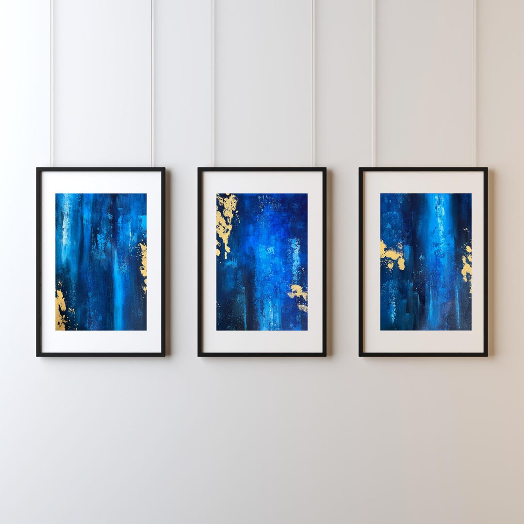 Original Blue and Gold Abstract Art Set of 3, Modern Wall Art for Home ...