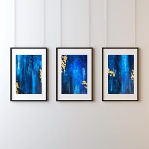 Set di 3 quadri astratti originali blu e oro, arte murale moderna per casa o ufficio, arte murale di lusso, acrilico su carta