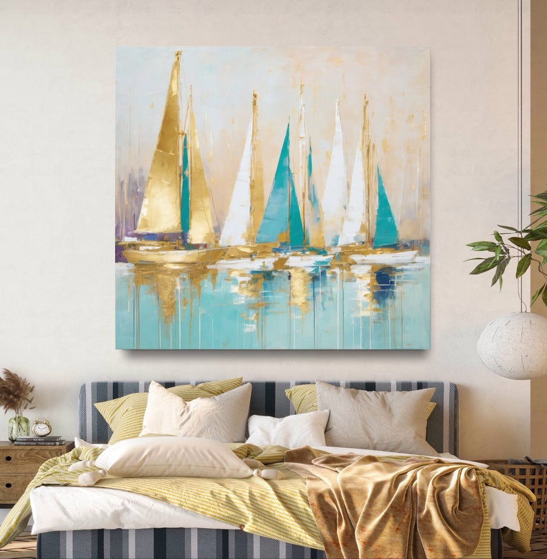 Gold sailing boat painting-Abstract Sailboats Painting on Canvas-Gift for Housewarming Golden Sailboats-original painting Nautical Art image 5
