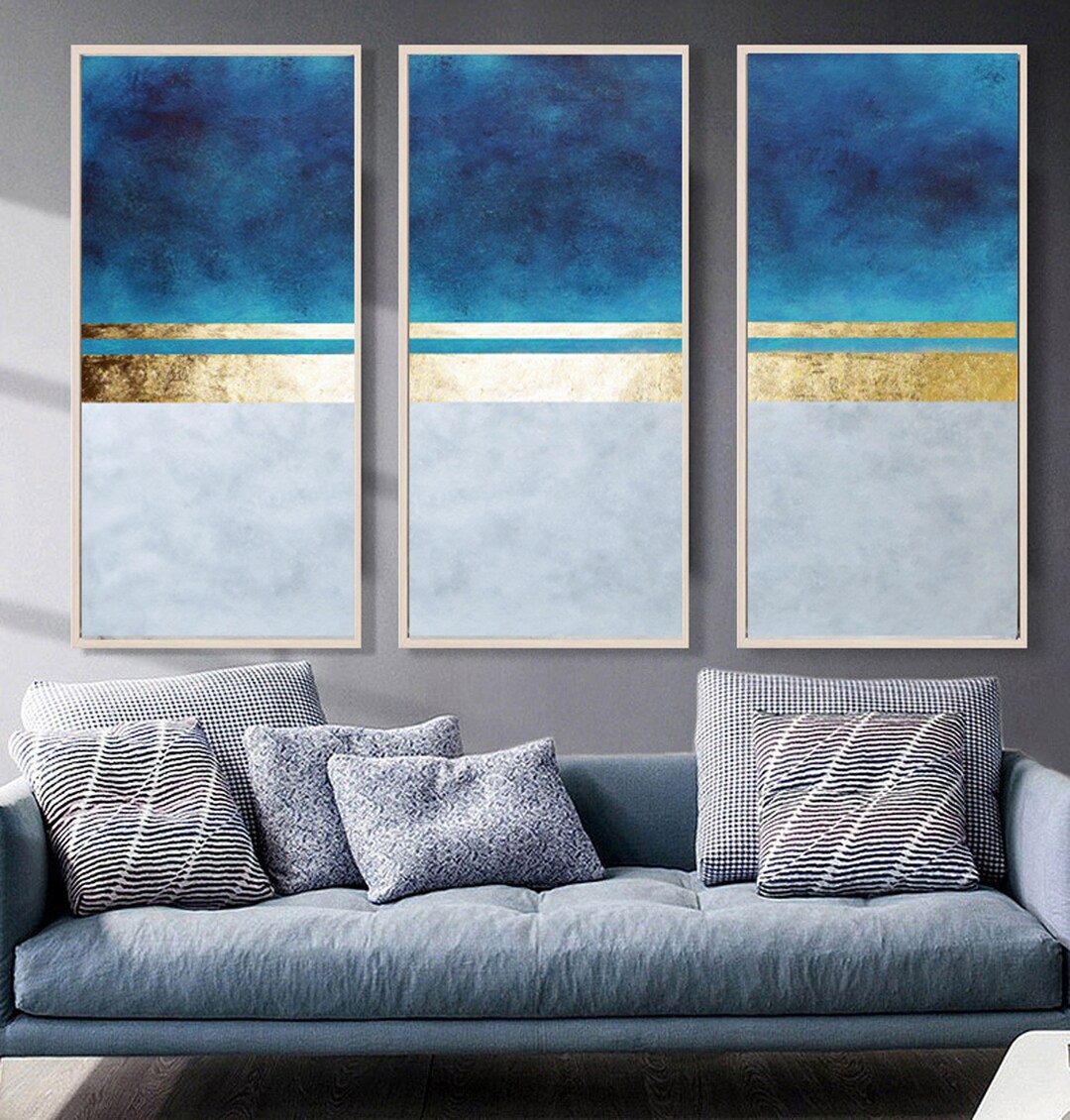 3 Set of Abstract Paintings- Blue Abstract Art-set of Gold Wall Art ...