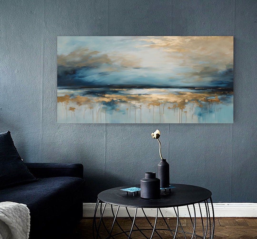 Blue and Gold Abstract Paintingoriginal Modern Canvassea and Sky