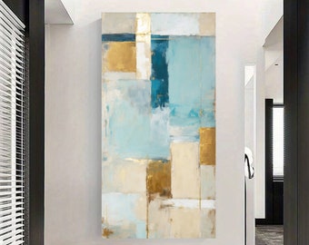 Pintura abstracta geométrica azul y beige- lienzo de pintura acrílica-pintura grande y estrecha-arte de pared alto y estrecho-Arte abstracto largo-arte moderno